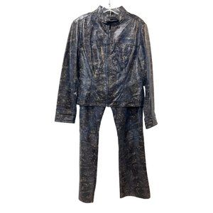 Davoucci Leather Pant Suit Bomber Jacket Brown Blue Snakeskin Pattern Glam Biker